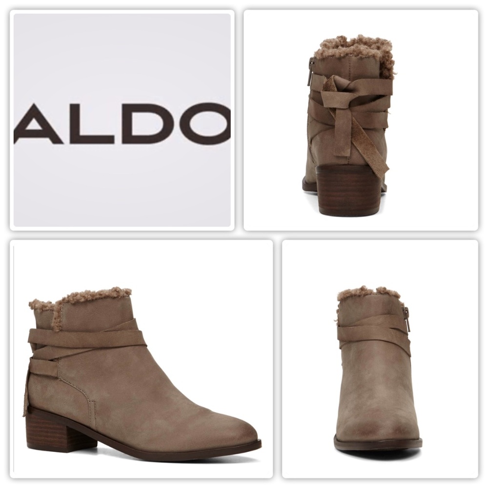 Aldo Mykala Taupe Suede Leather Tie Back Booties Boots Faux Shearling Womens 9